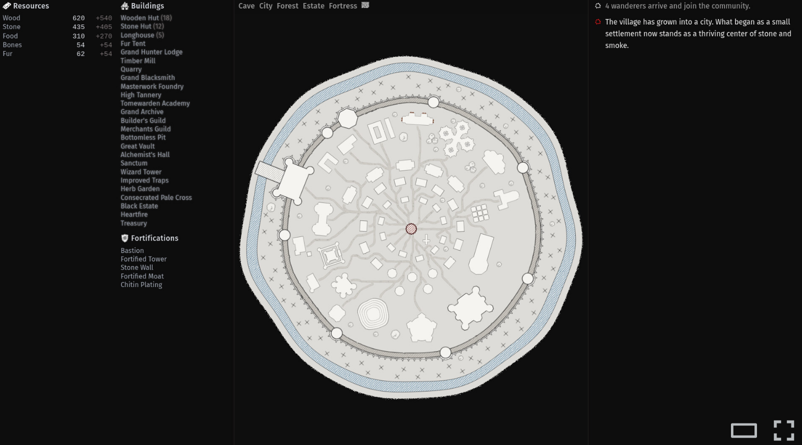 A Dark Cave gameplay showing resource totals, buildings, villager production assignments and event log