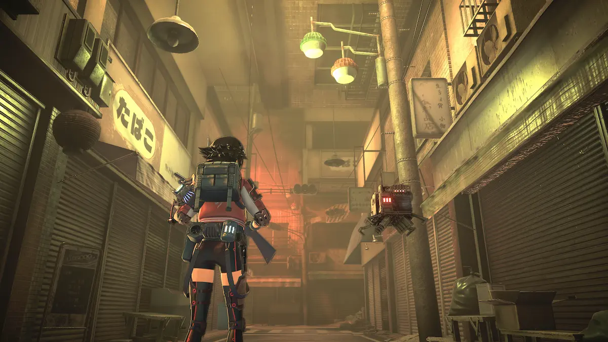 ANOMALITH protagonist explores an eerie, lantern-lit shopping street in official FURYU gameplay screenshot