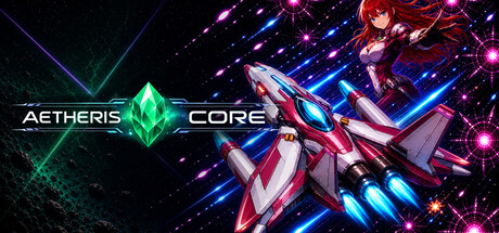 Official Aetheris Core artwork showing a spacecraft and sci-fi pilot in violet-blue space, credited to Kavik Studios