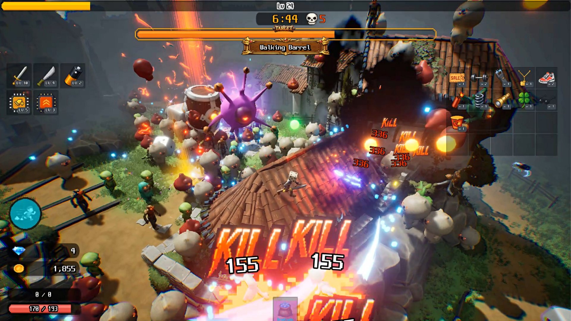 Official Amazing Slot Survivor gameplay image showing a wave of enemies in rooftop combat