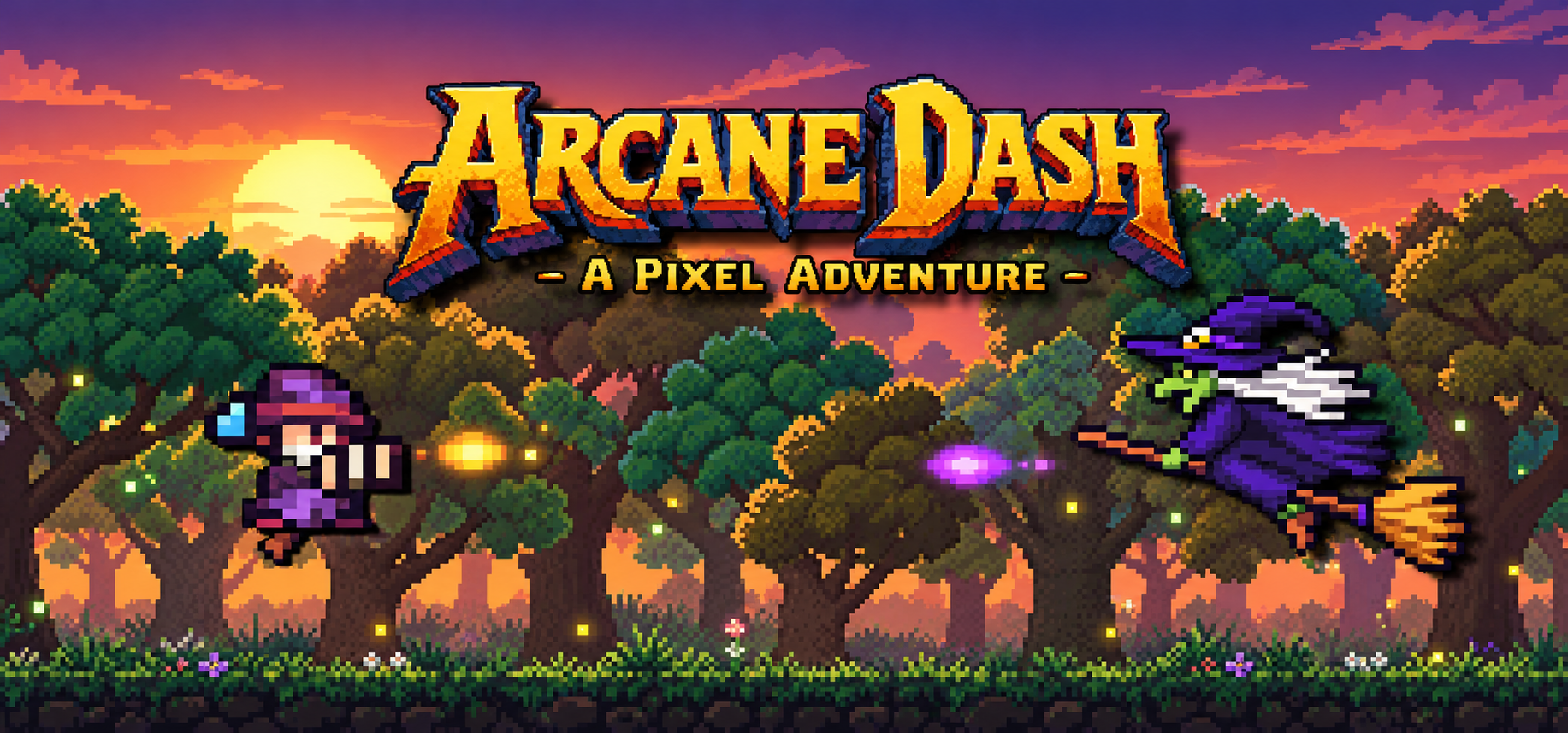 Arcane Dash A Pixel Adventure pixel art sunset banner featuring a wizard and witch