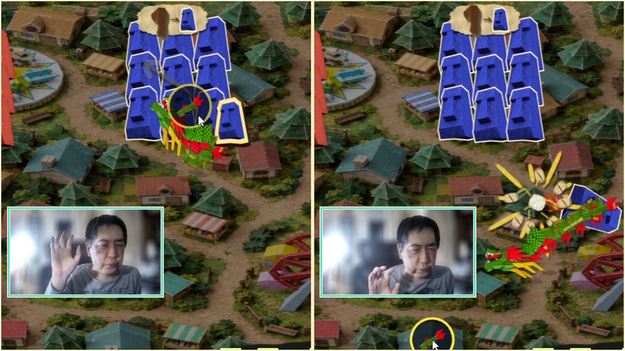 Developer-supplied Battle SHIRYU gameplay comparison showing paper dragon and webcam hand tracking