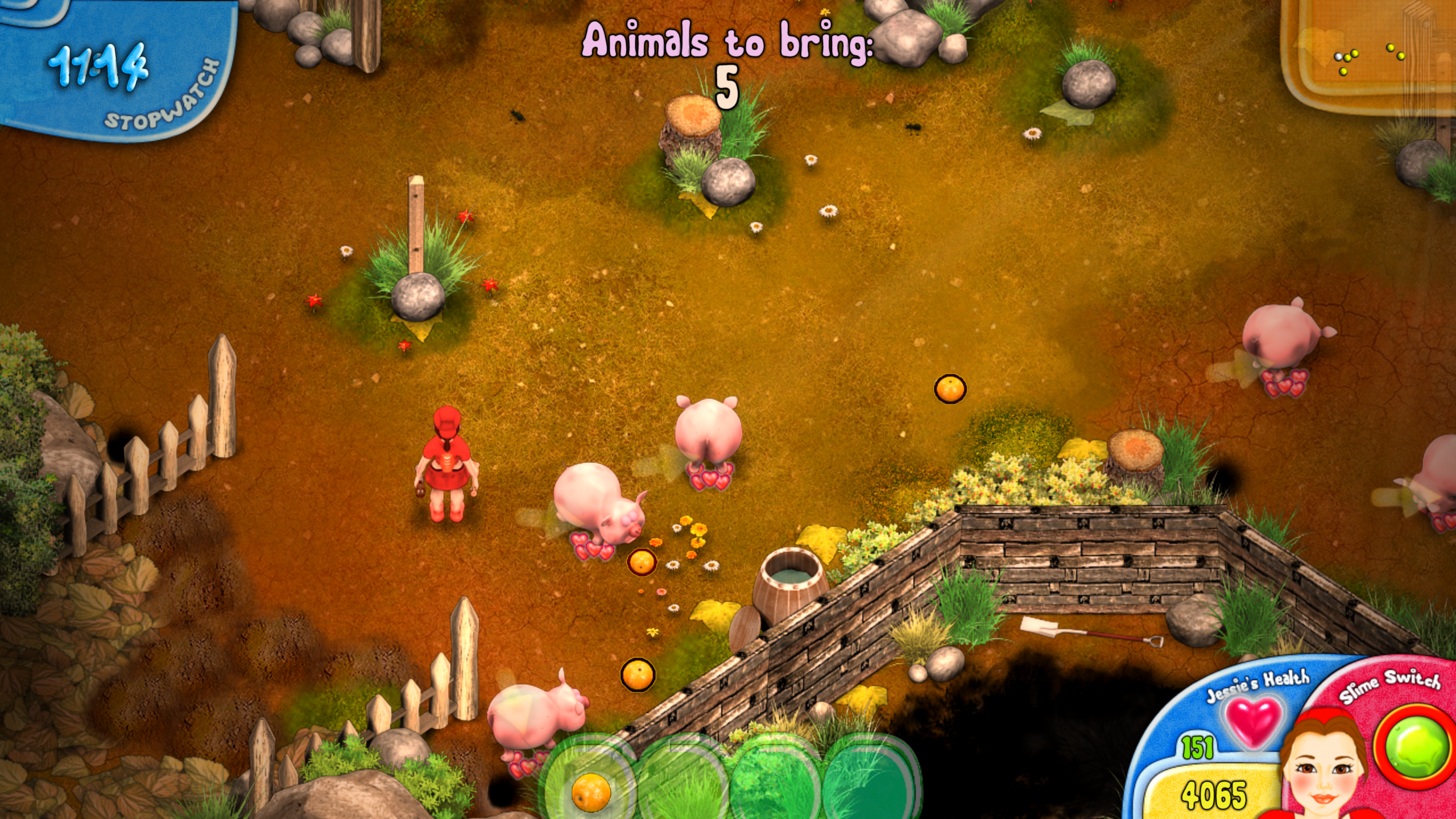 Bloom Busters gameplay showing the player herding pigs around a garden