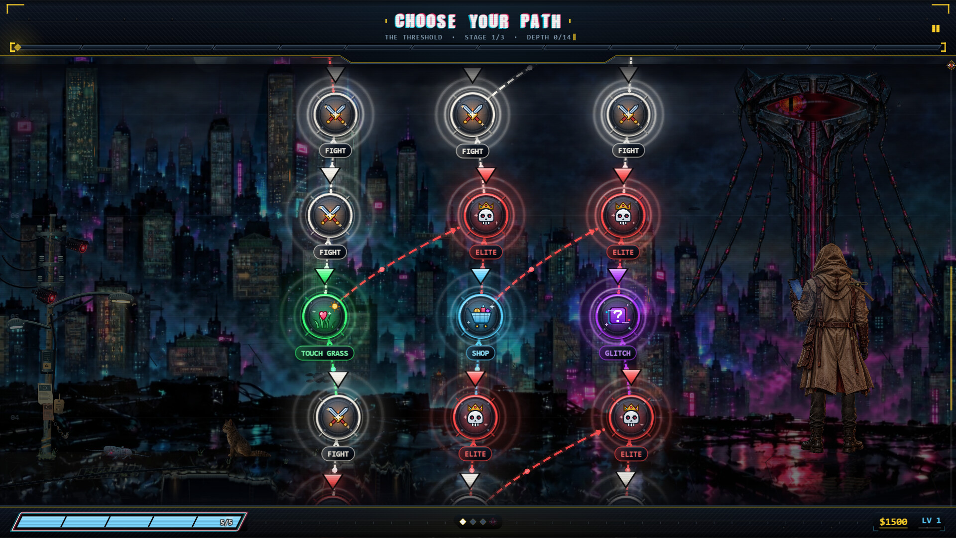 Original CLICK BAIT gameplay screenshot: The route through a run