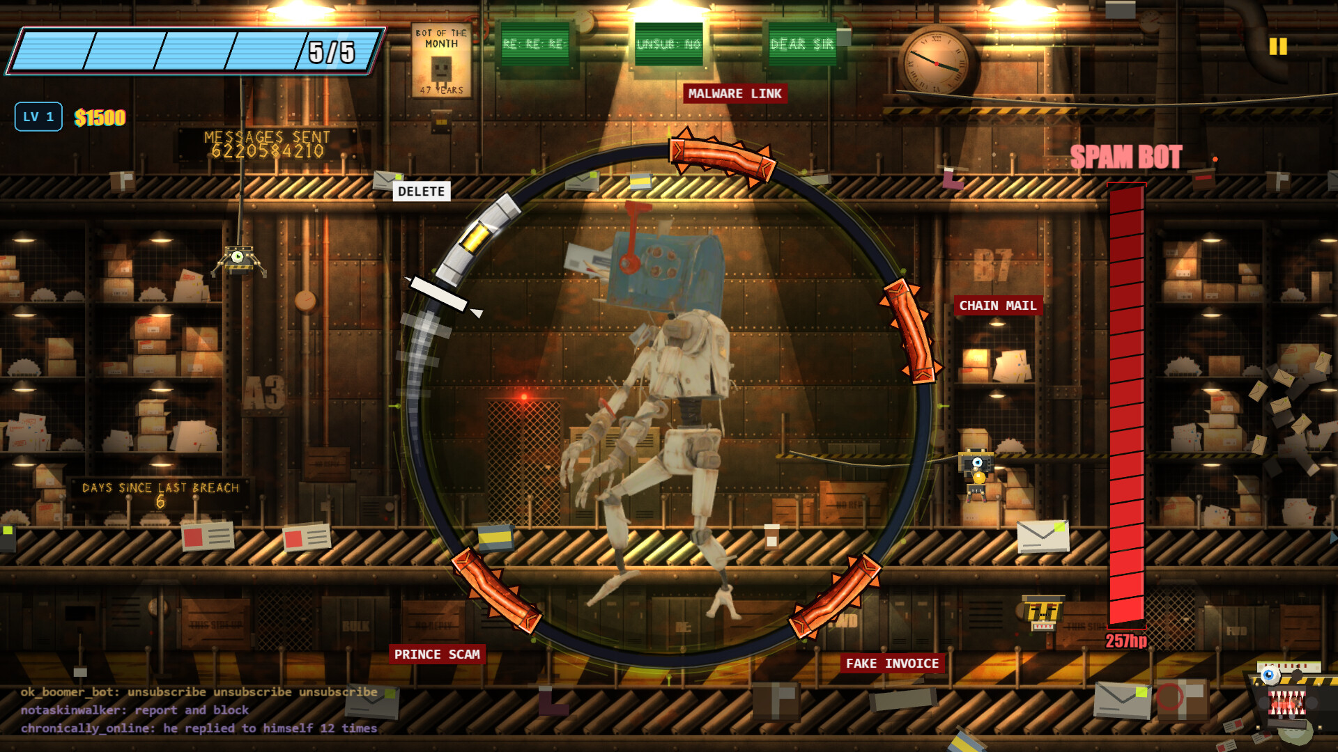 Original CLICK BAIT gameplay screenshot: Spam Bot combat