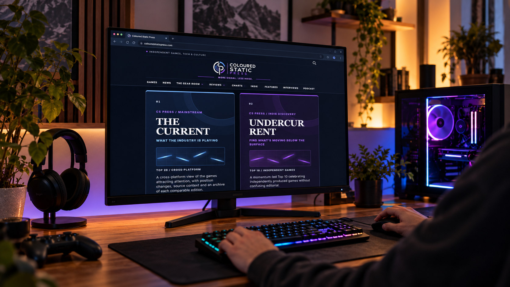 CS Press editorial illustration of a three-screen gaming workspace