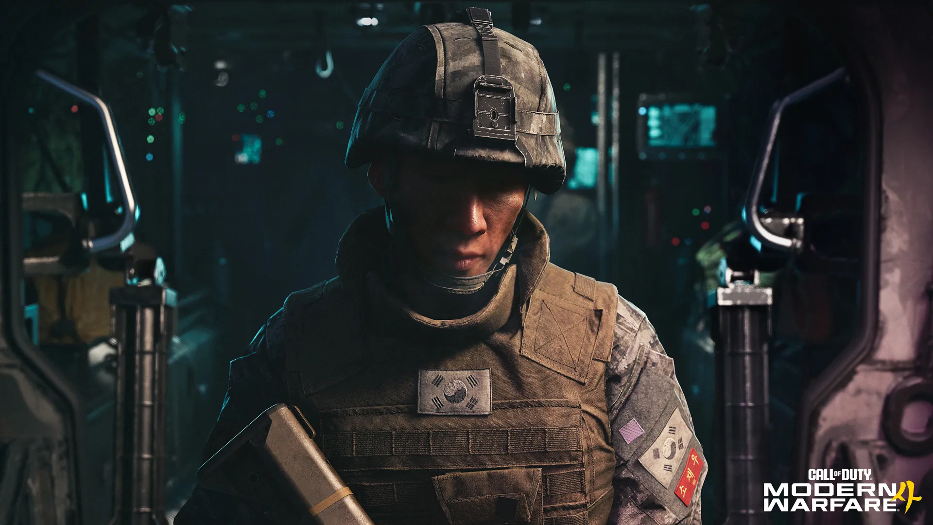 Official Activision Modern Warfare 4 campaign screenshot showing a South Korean soldier aboard a military vehicle