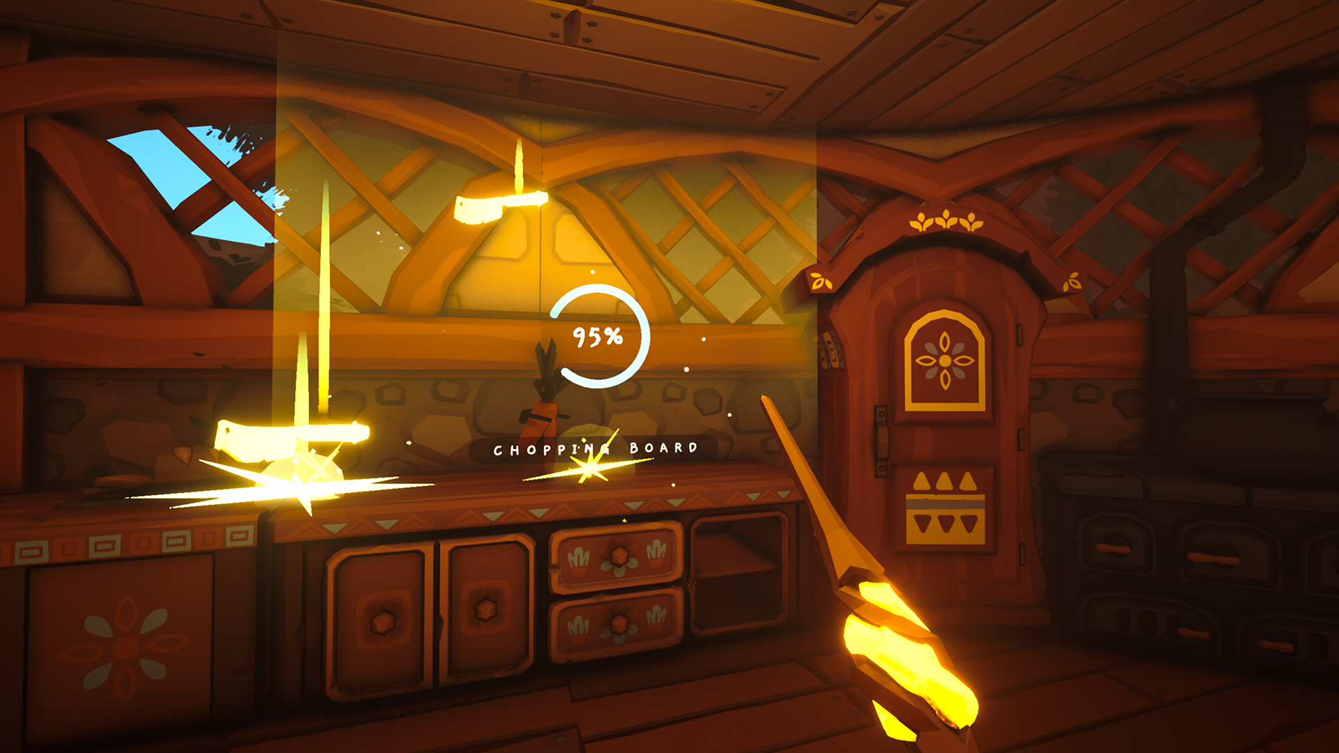 A chopping board workstation in the alchemy shop