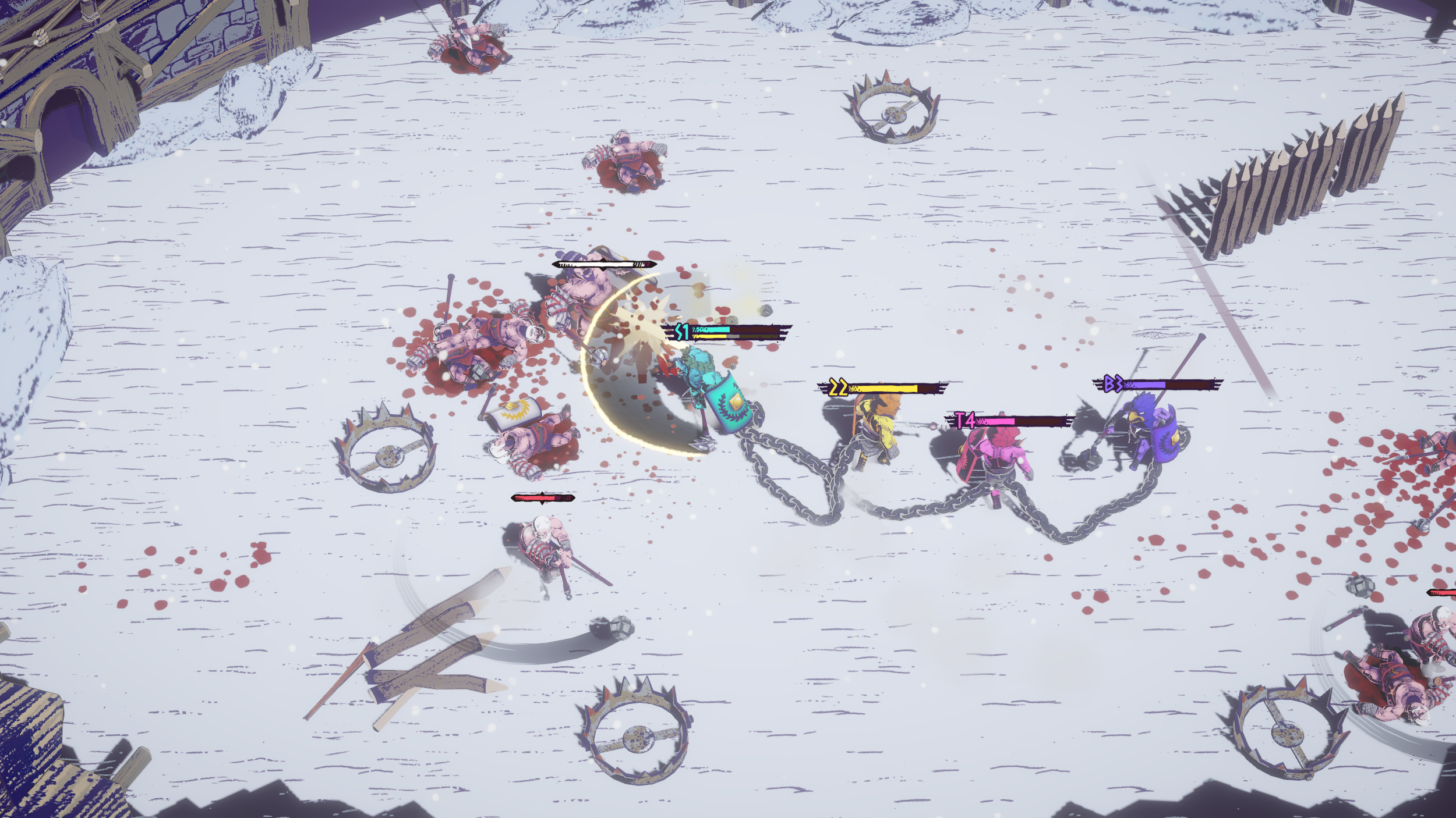 Official Chained Beasts gameplay image showing chained gladiators battling in an arena