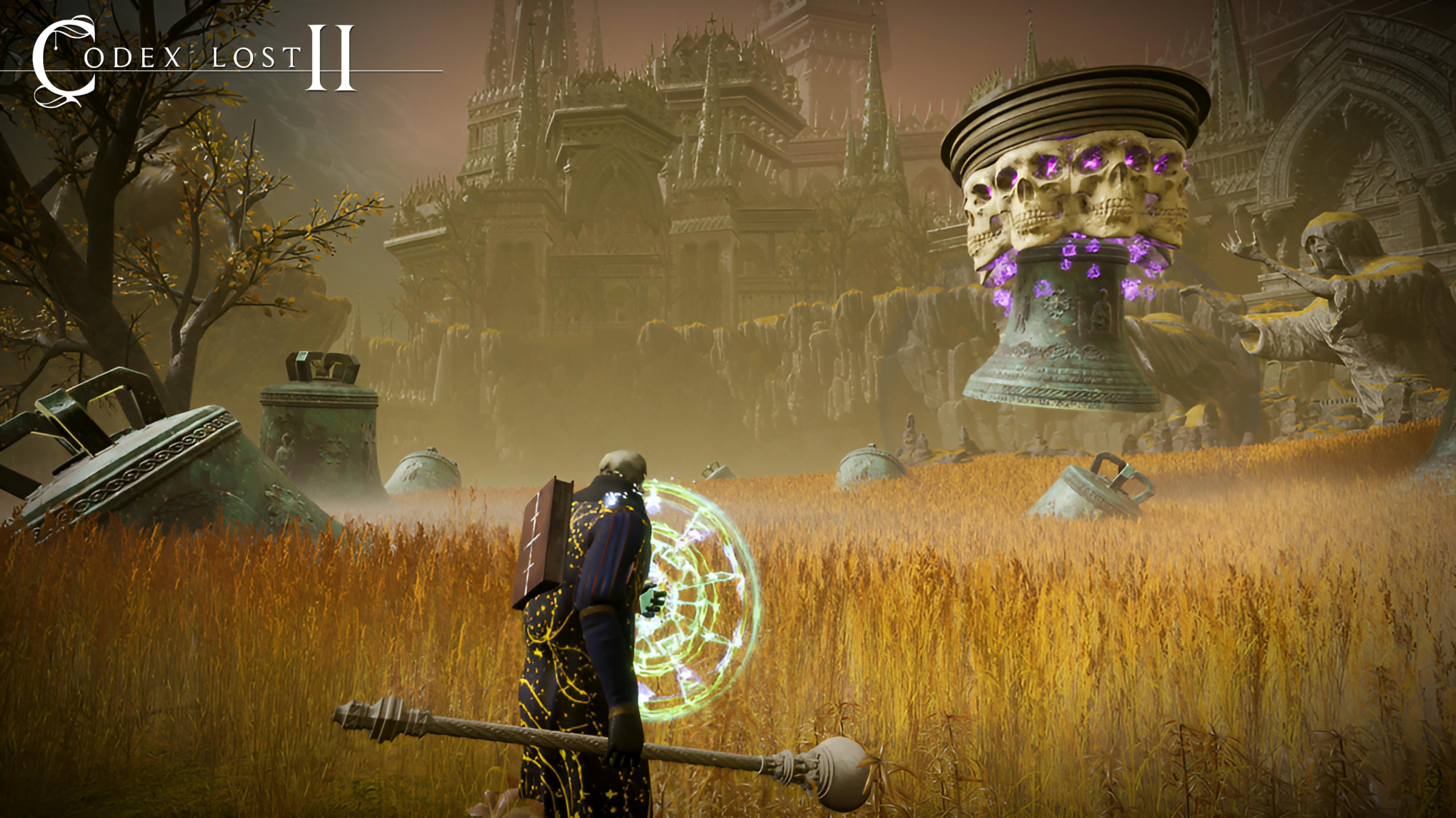 Official Codex Lost 2 screenshot showing a fantasy adventurer approaching colossal magical bells and a gothic cathedral