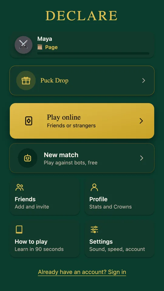Declare card game home screen