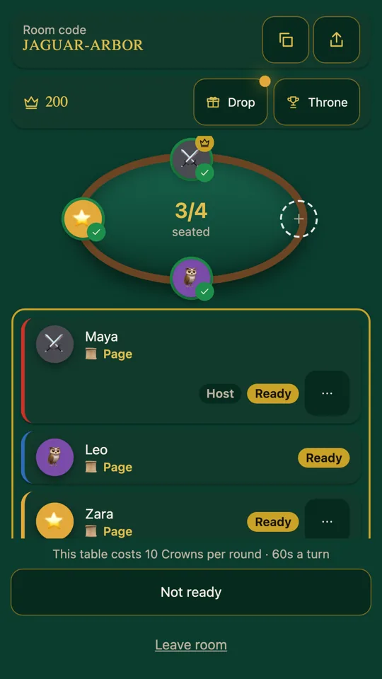 Declare Card Game private room code