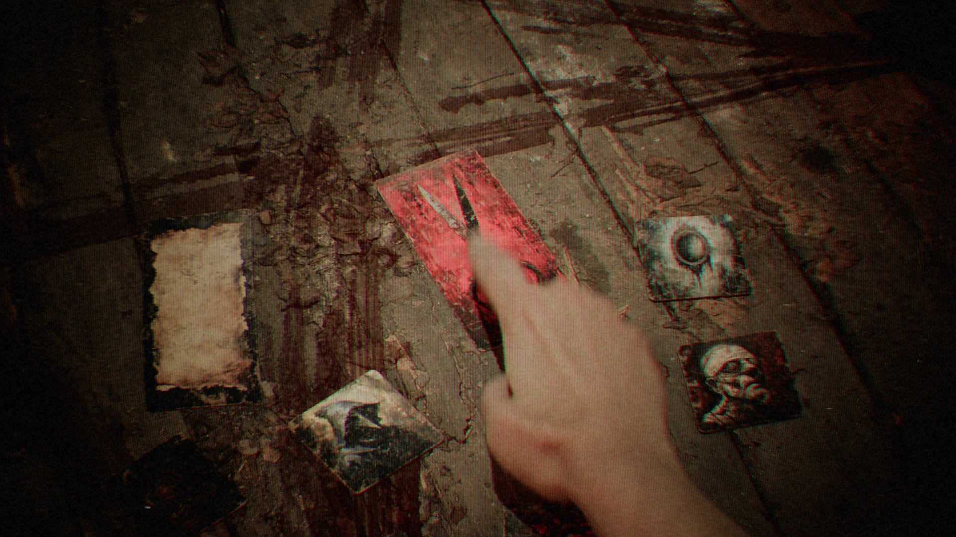 First-person view of choosing a scissors card during Desecrated Deck's occult rock-paper-scissors ritual