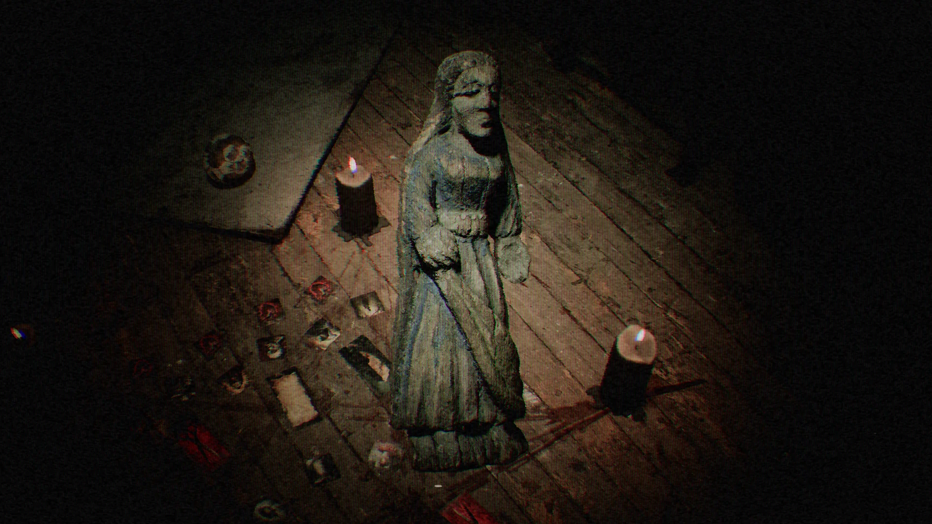 An unsettling wooden statue appears inside the ritual circle in Desecrated Deck