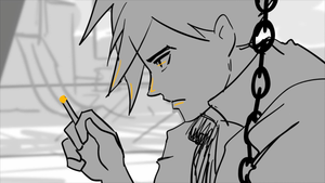 Dispatch animation storyboard still of a character in an early sketched sequence
