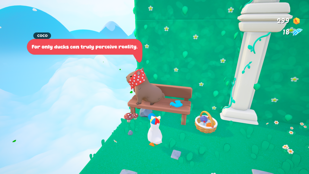 Our Dodo Duckie gameplay screenshot showing Coco the capybara on a bench beside a cliff while Dodo listens