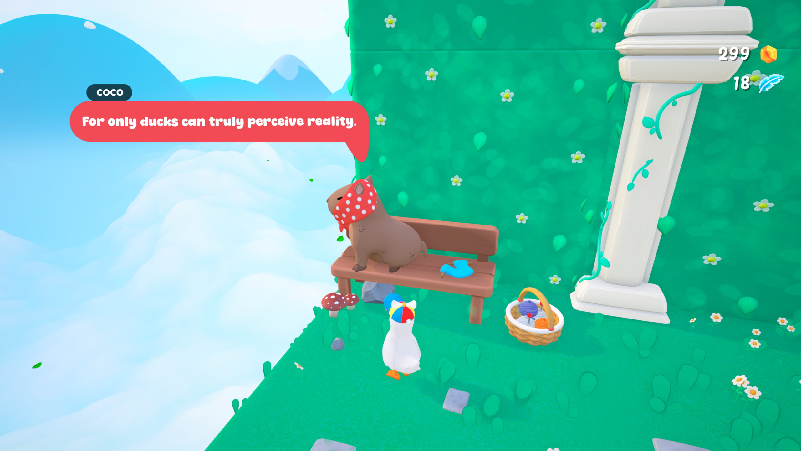 Original Coloured Static Press gameplay screenshot showing Dodo meeting Coco the capybara on a bench on a bright green cliff