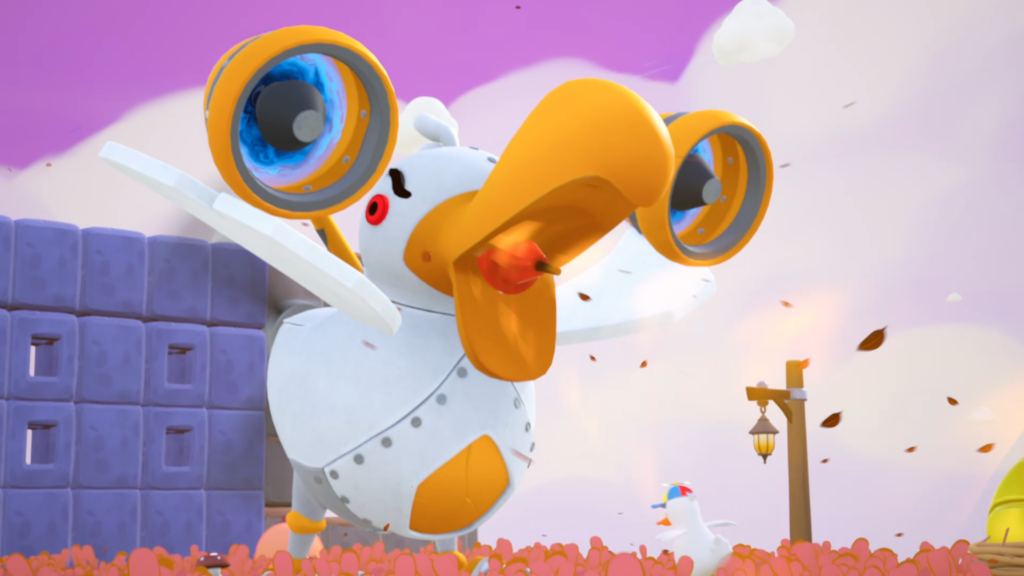 Our Dodo Duckie gameplay screenshot of a towering mechanical bird with an oversized beak and huge blue eyes
