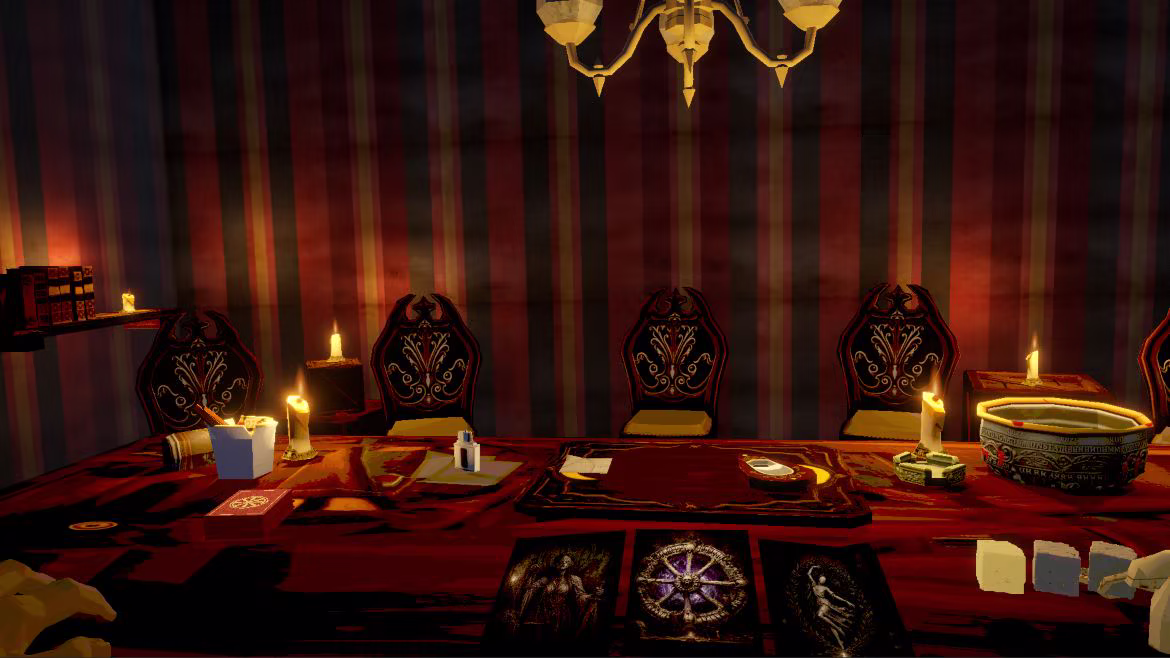 Official EXCISA gameplay scene showing a candlelit occult ritual table