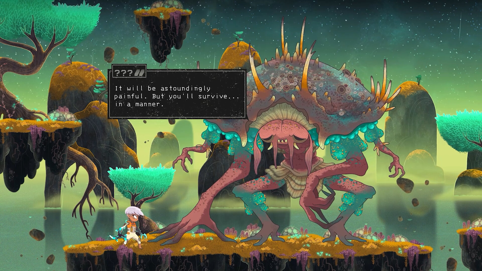 Echo Weaver gameplay scene on floating islands with a huge creature and the Weaver