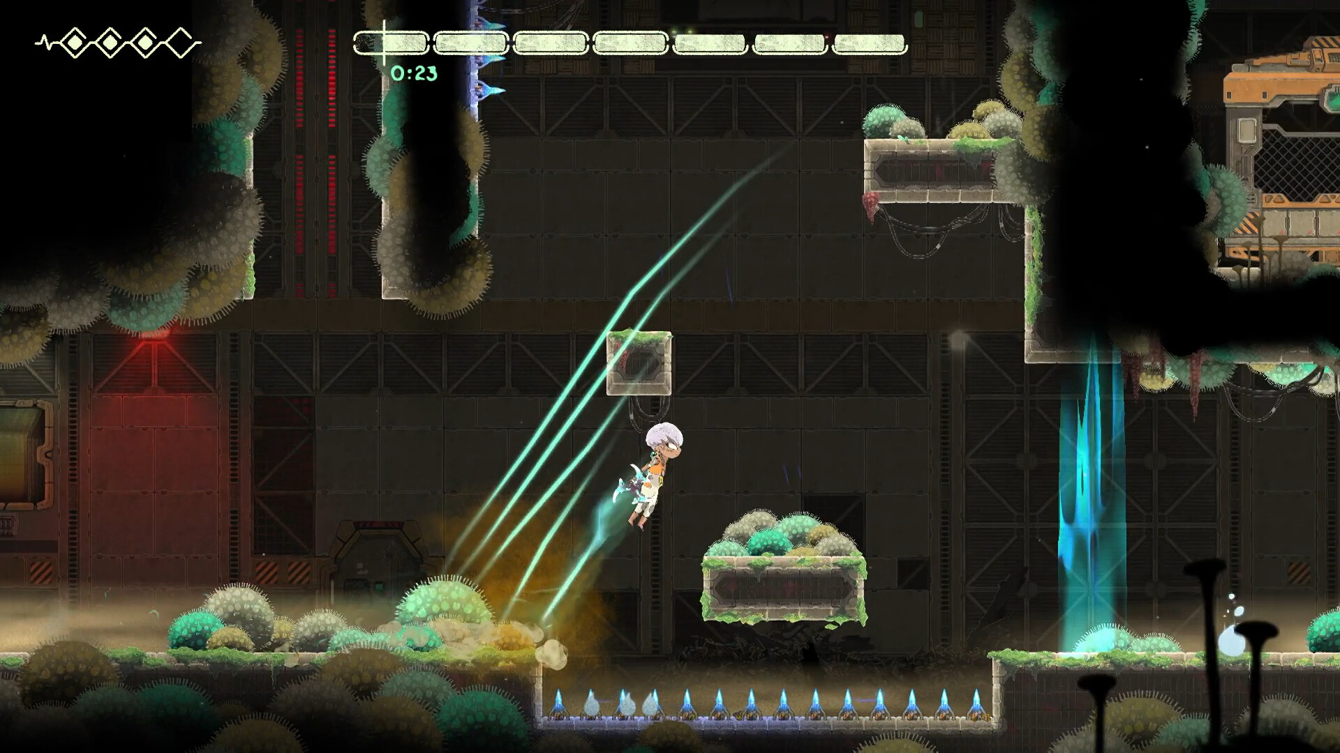 Weaver vaults through an industrial platforming room as a timer counts down