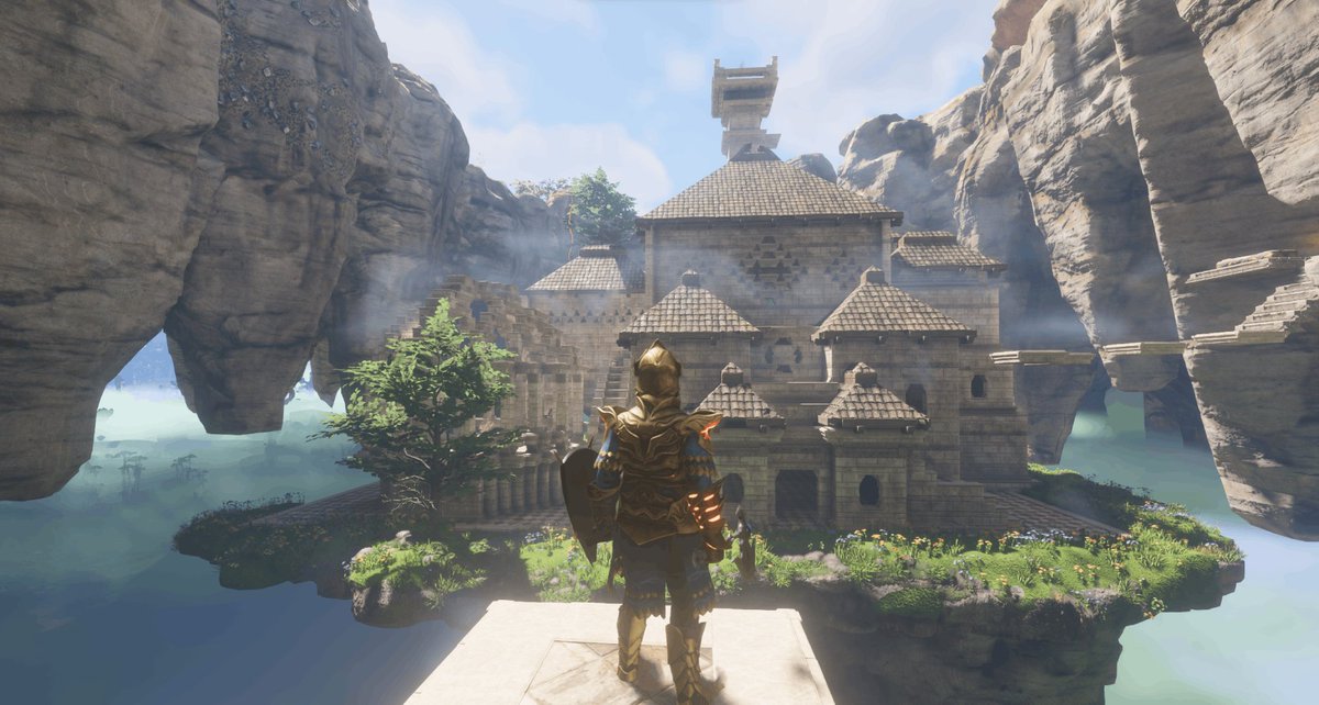 An Enshrouded adventurer looks towards a detailed stone fortress surrounded by cliffs