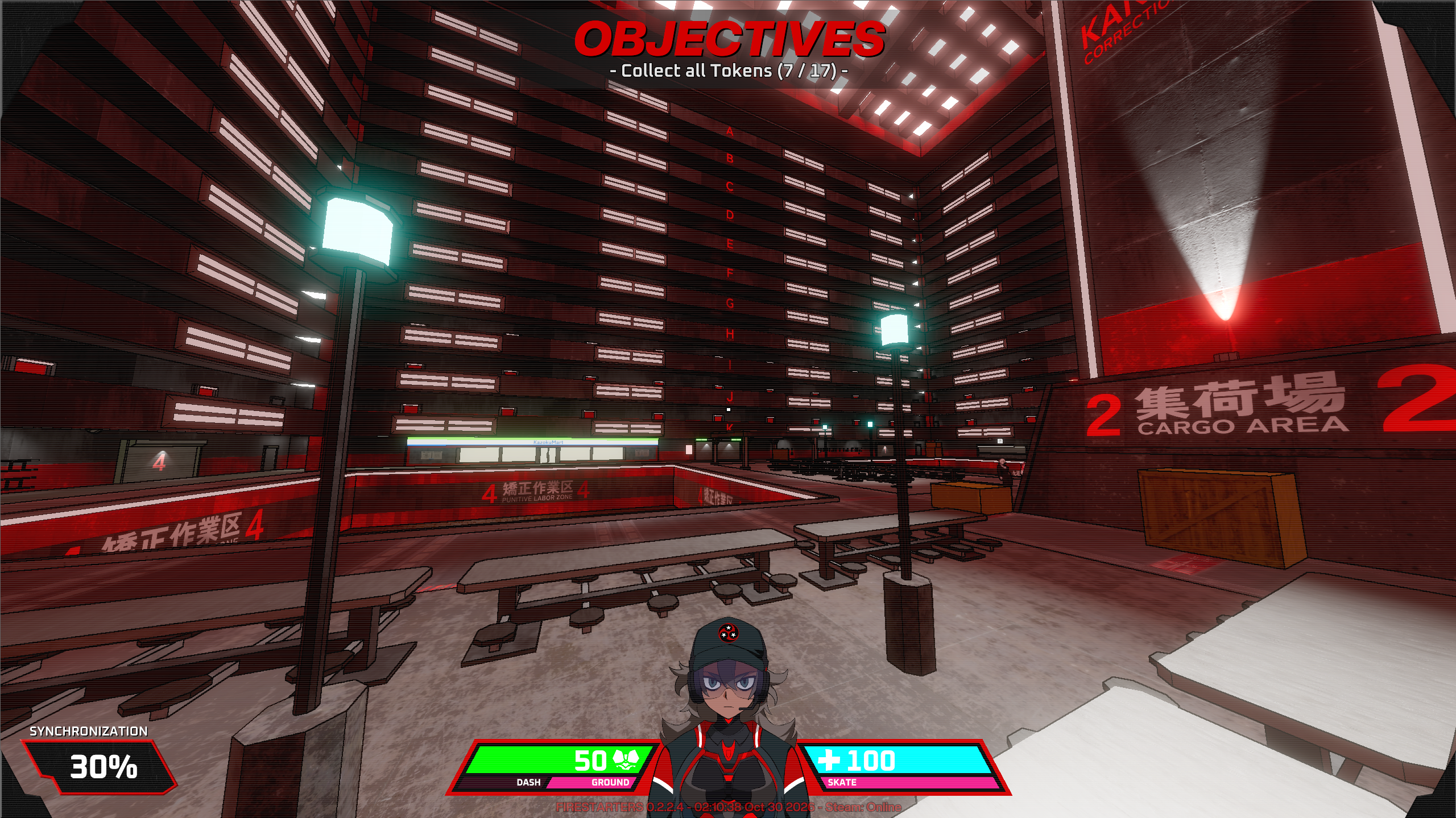 FIRESTARTERS red-lit cargo arena, with platforms and the player's synchronisation meter