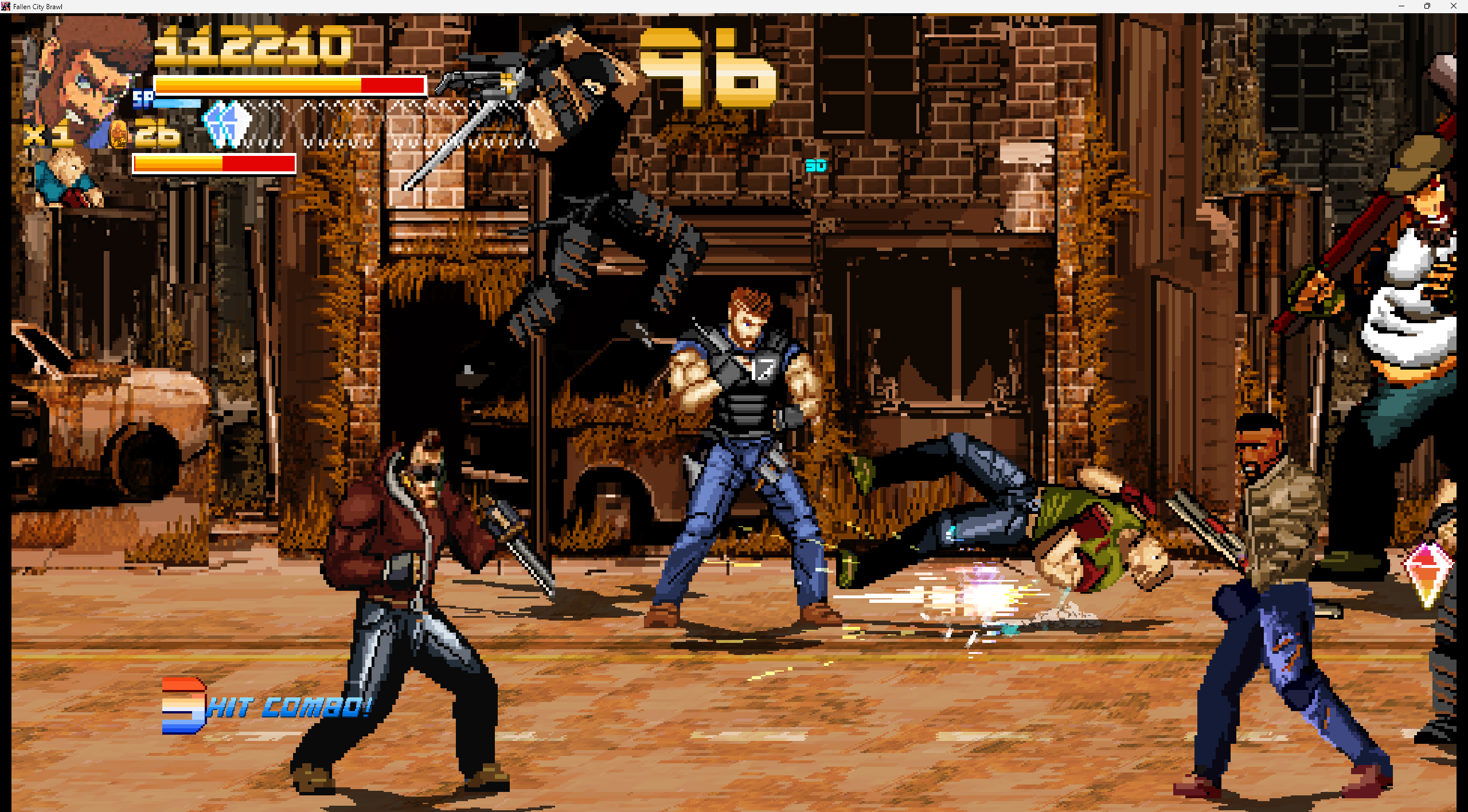 Original Fallen City Brawl gameplay showing an airborne attack and combo