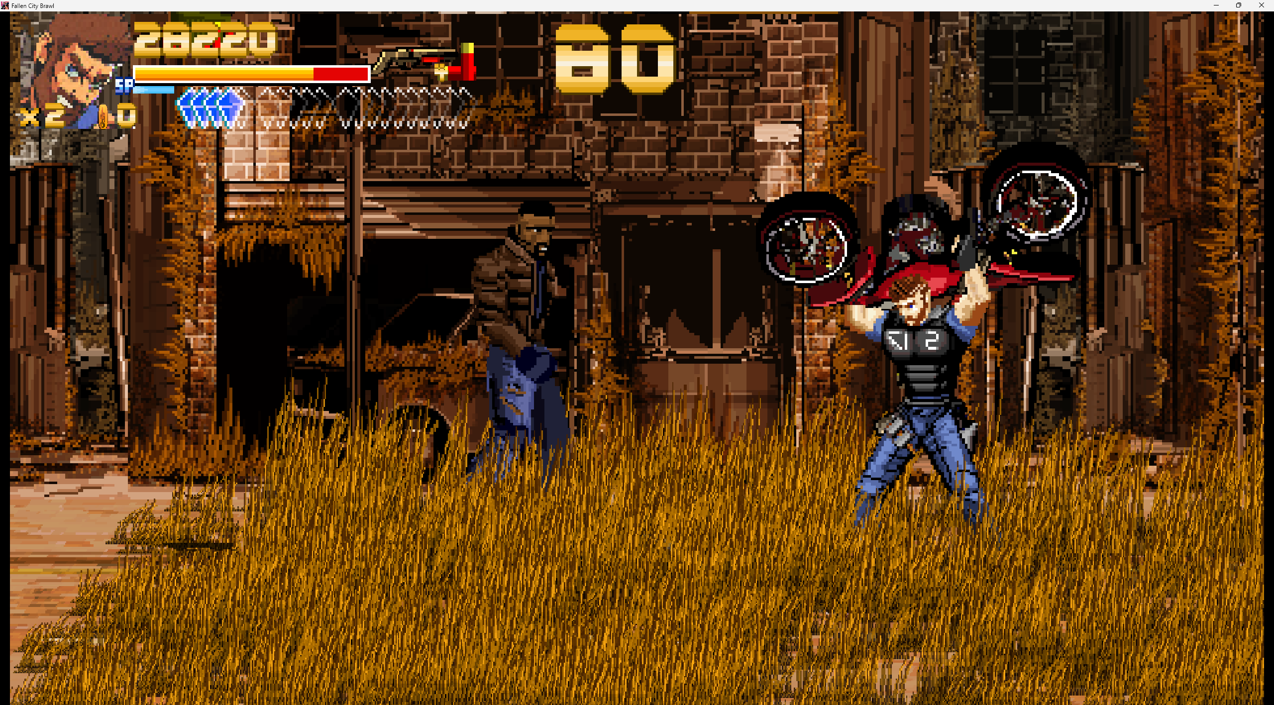 Original Fallen City Brawl gameplay showing a motorcycle environmental attack