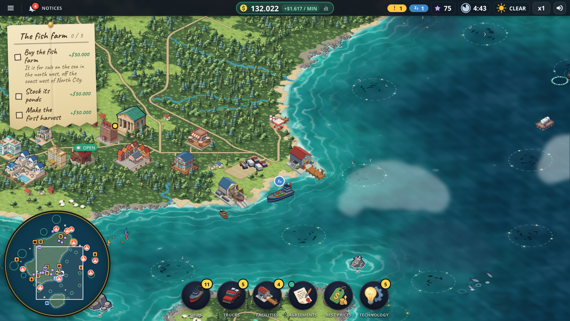Fishing Company Tycoon Harbor to Market unaltered game screenshot showing isometric harbour, credited Ozden Games