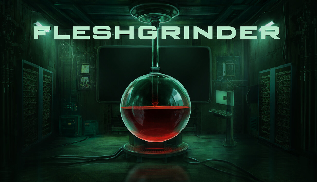 Official Fleshgrinder artwork with a sinister green-lit laboratory and a glass chamber containing red fluid, beneath the game's logo