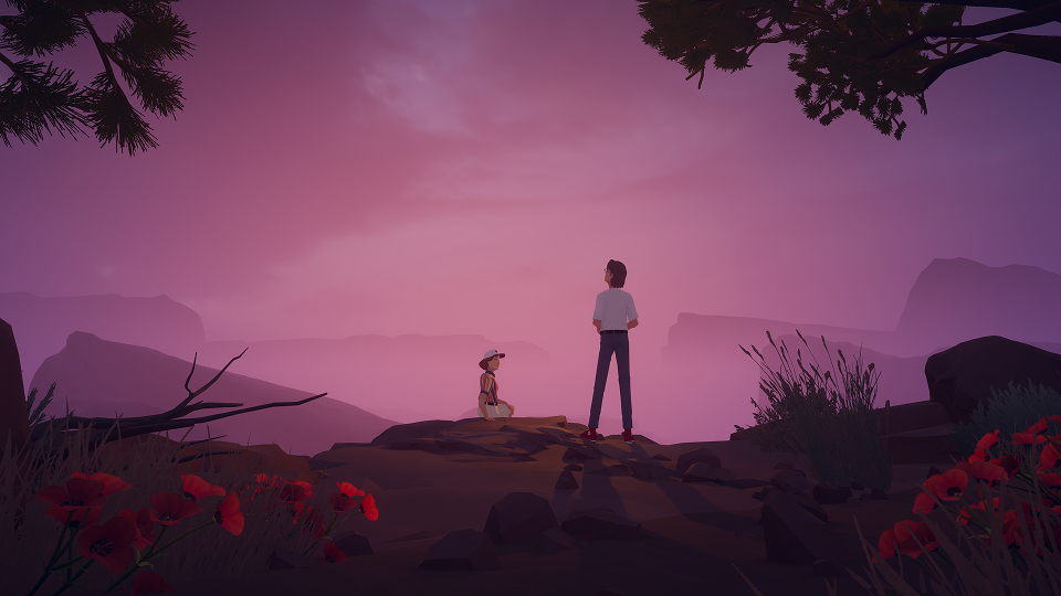 Official Forever Ago screenshot showing Alfred and a dog looking over a purple sunset landscape