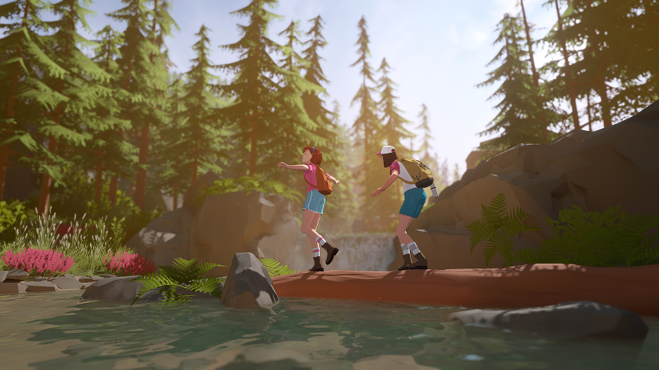 Two characters crossing a forest stream in Forever Ago official gameplay screenshot
