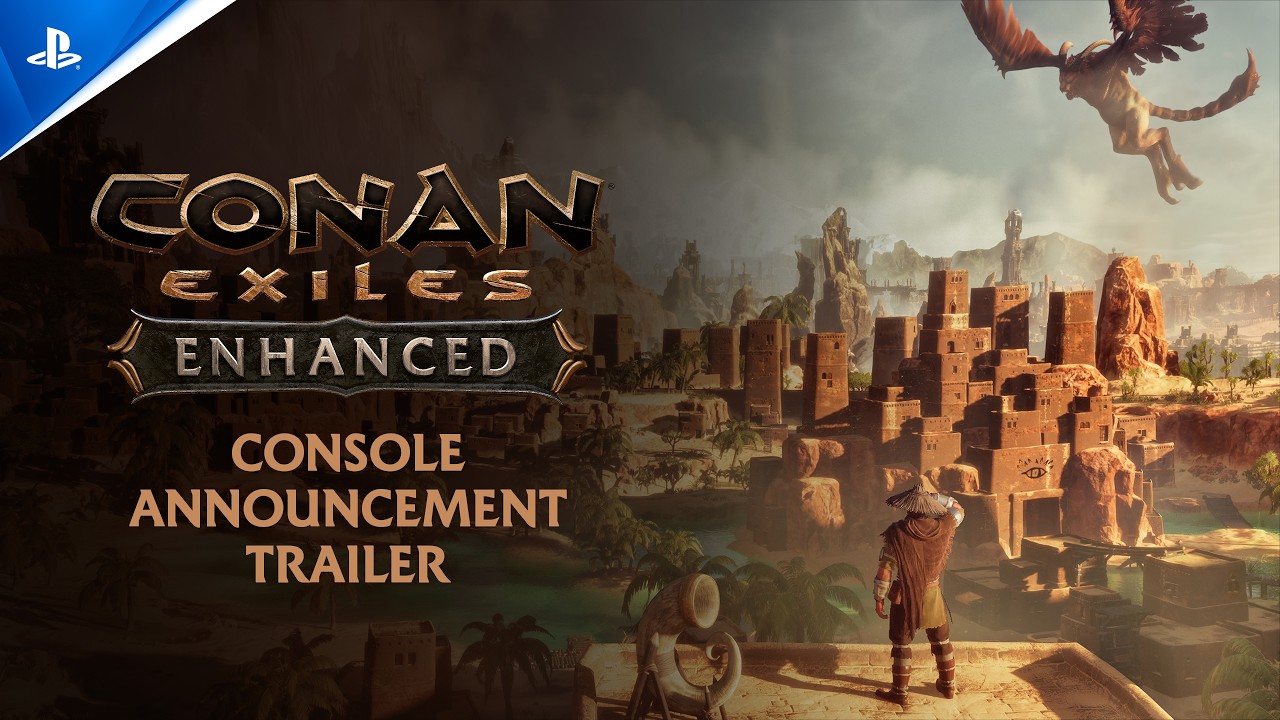 Official Conan Exiles Enhanced console announcement artwork from Funcom and PlayStation