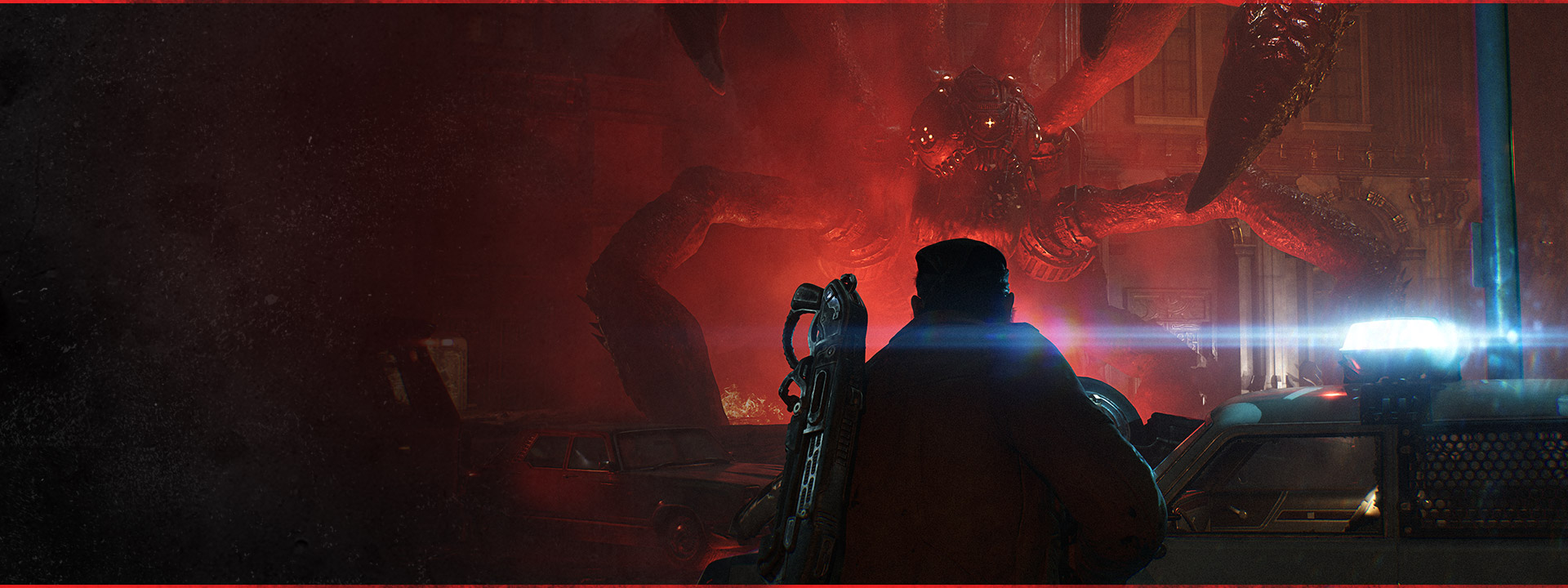 Marcus Fenix faces an enormous Locust creature, lit by a fierce red glow, in official E-Day artwork