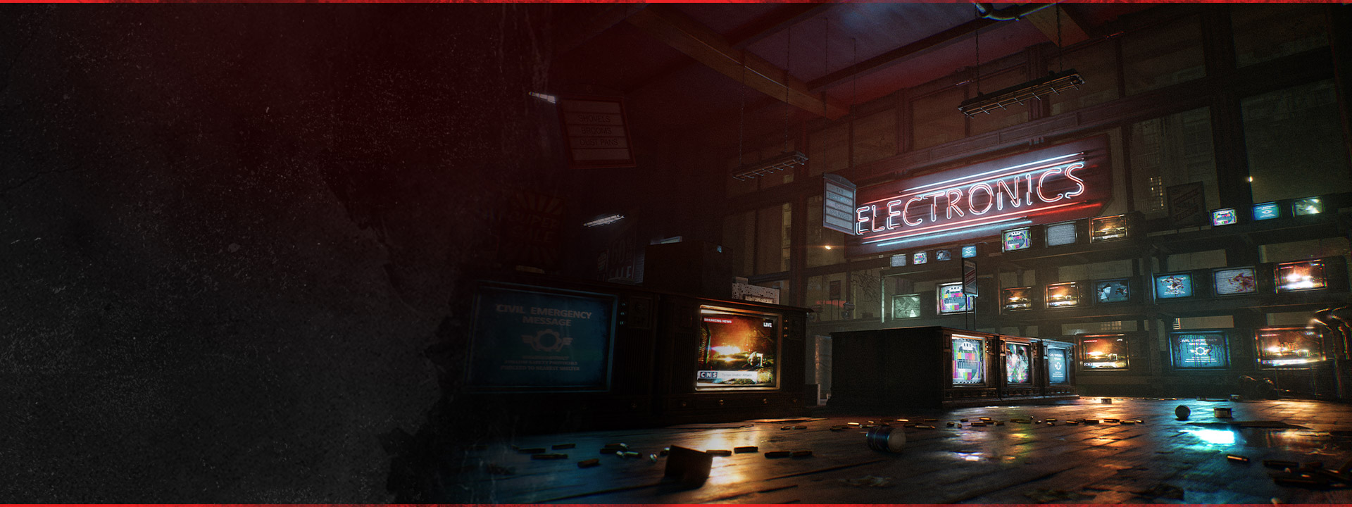 A dim, abandoned electronics shop with screens and emergency broadcasts in an official E-Day promotional screenshot