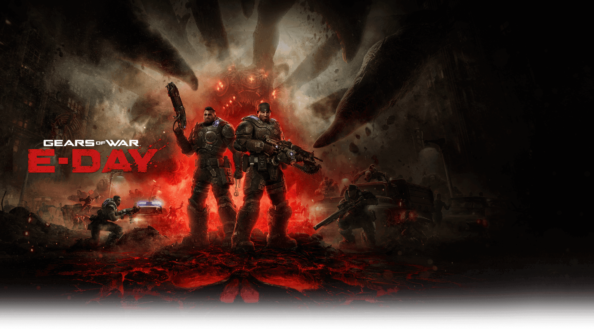 Official Gears of War E-Day artwork showing Marcus Fenix and Dom Santiago against the chaos of Emergence Day