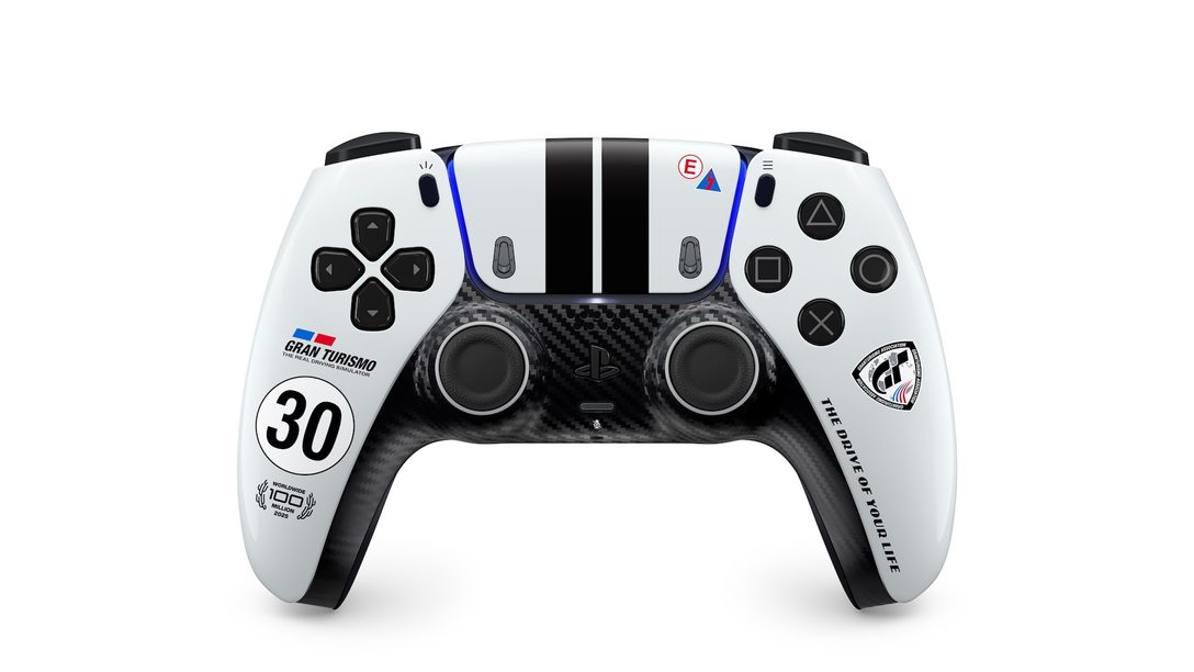 Official front view of the white Gran Turismo 30th anniversary limited-edition DualSense wireless controller