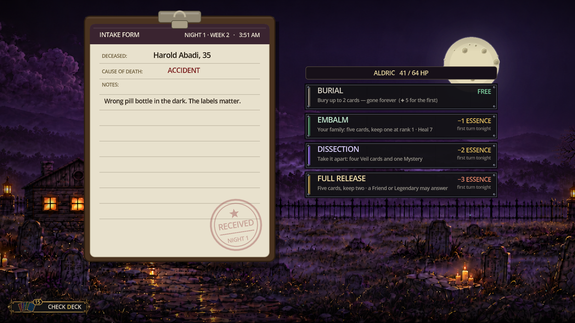 Official Graveyard Shift screenshot showing the mortuary intake table and rites