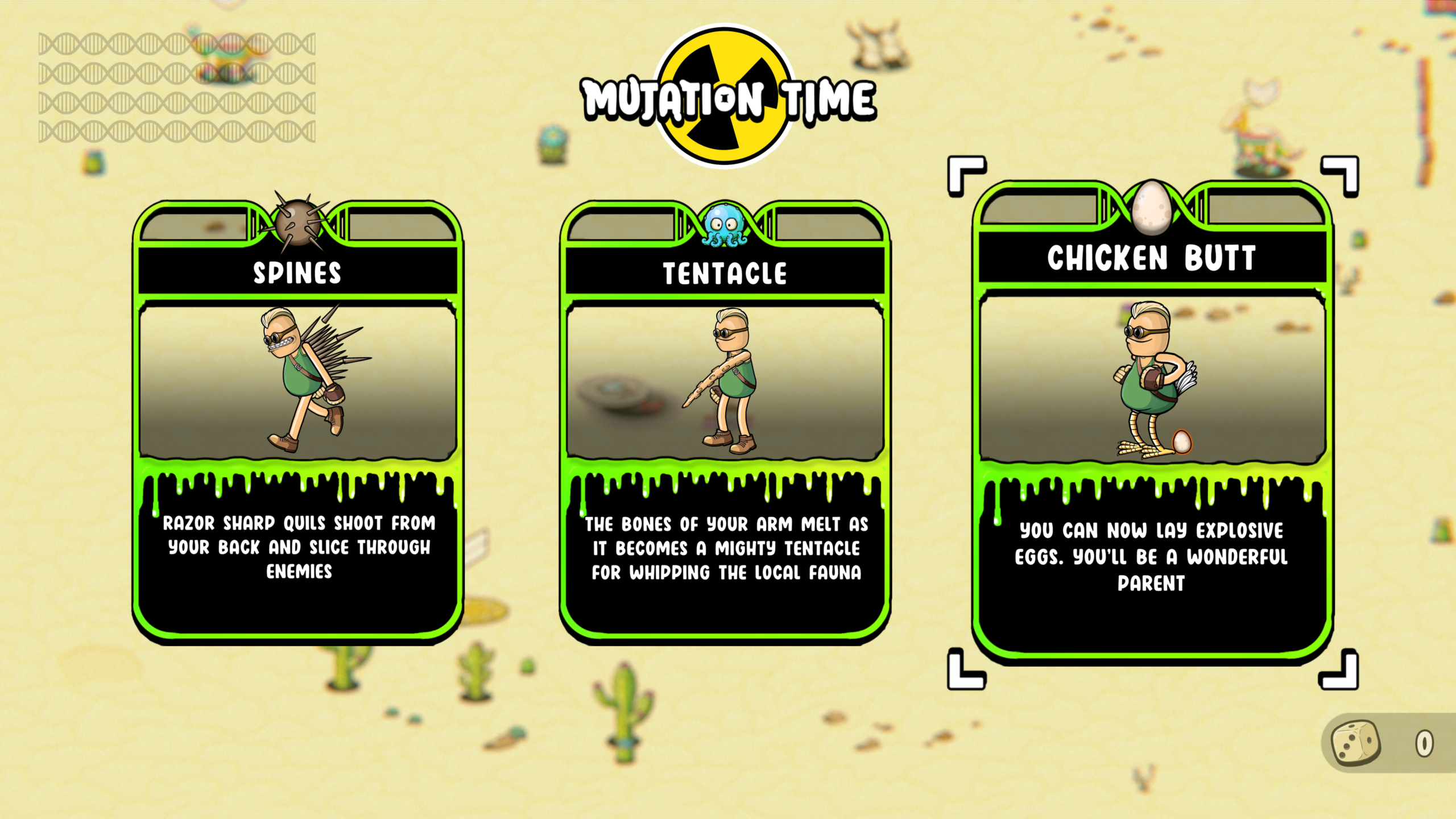 Original Coloured Static Press gameplay capture showing Ground Zero Hero mutation choices Spines, Tentacle and Chicken Butt