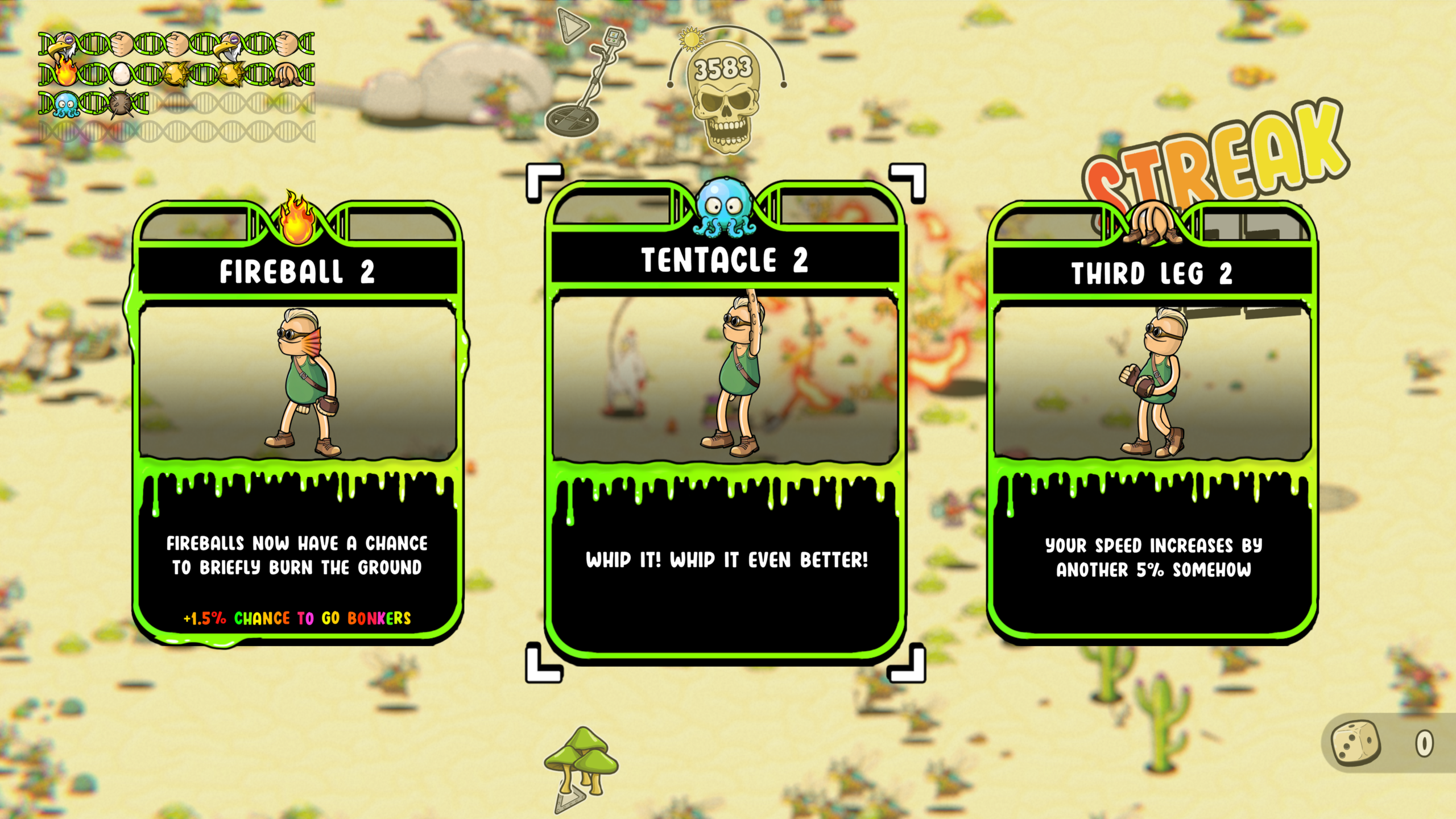 Original Coloured Static Press gameplay capture showing Ground Zero Hero upgrades Fireball 2, Tentacle 2, and Third Leg 2