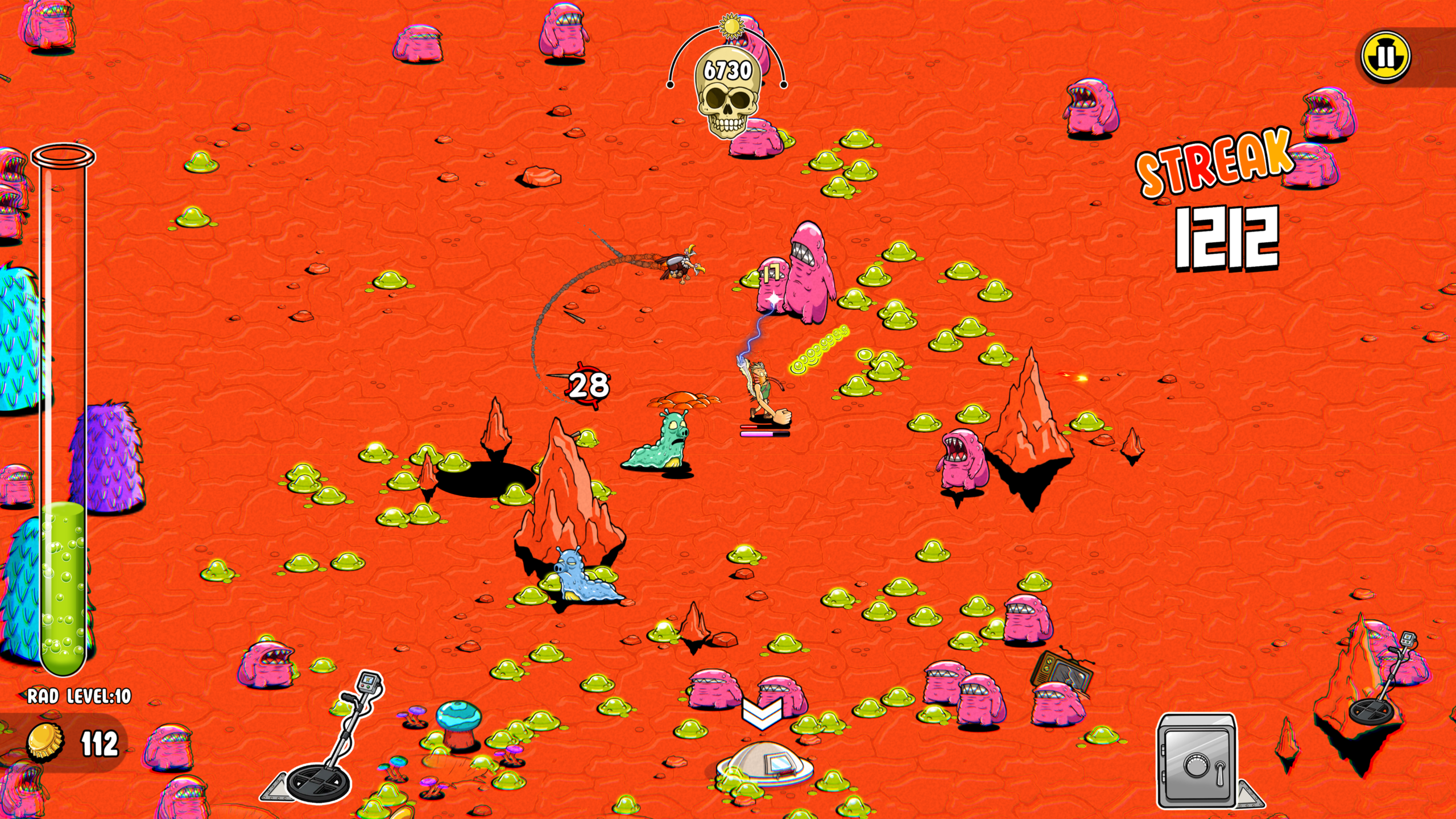 Original Coloured Static Press gameplay capture in Ground Zero Hero radioactive desert arena battling pink mutant enemies