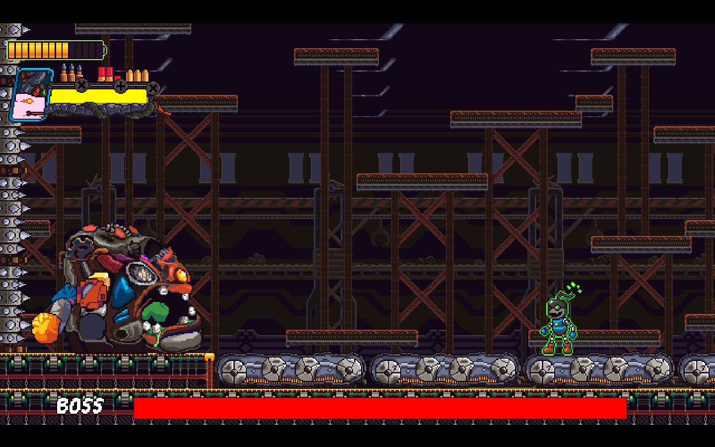 Official HeroBot game screenshot showing the robot confronting a large industrial boss