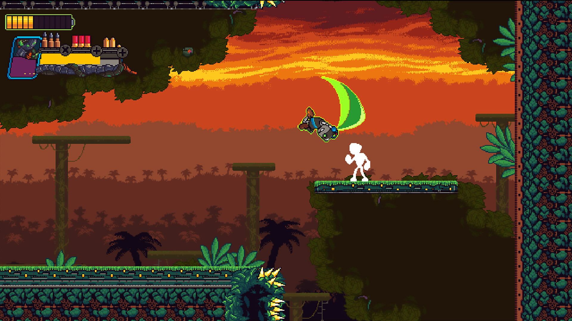 Official HeroBot gameplay showing its pixel-art jungle stage and platforming