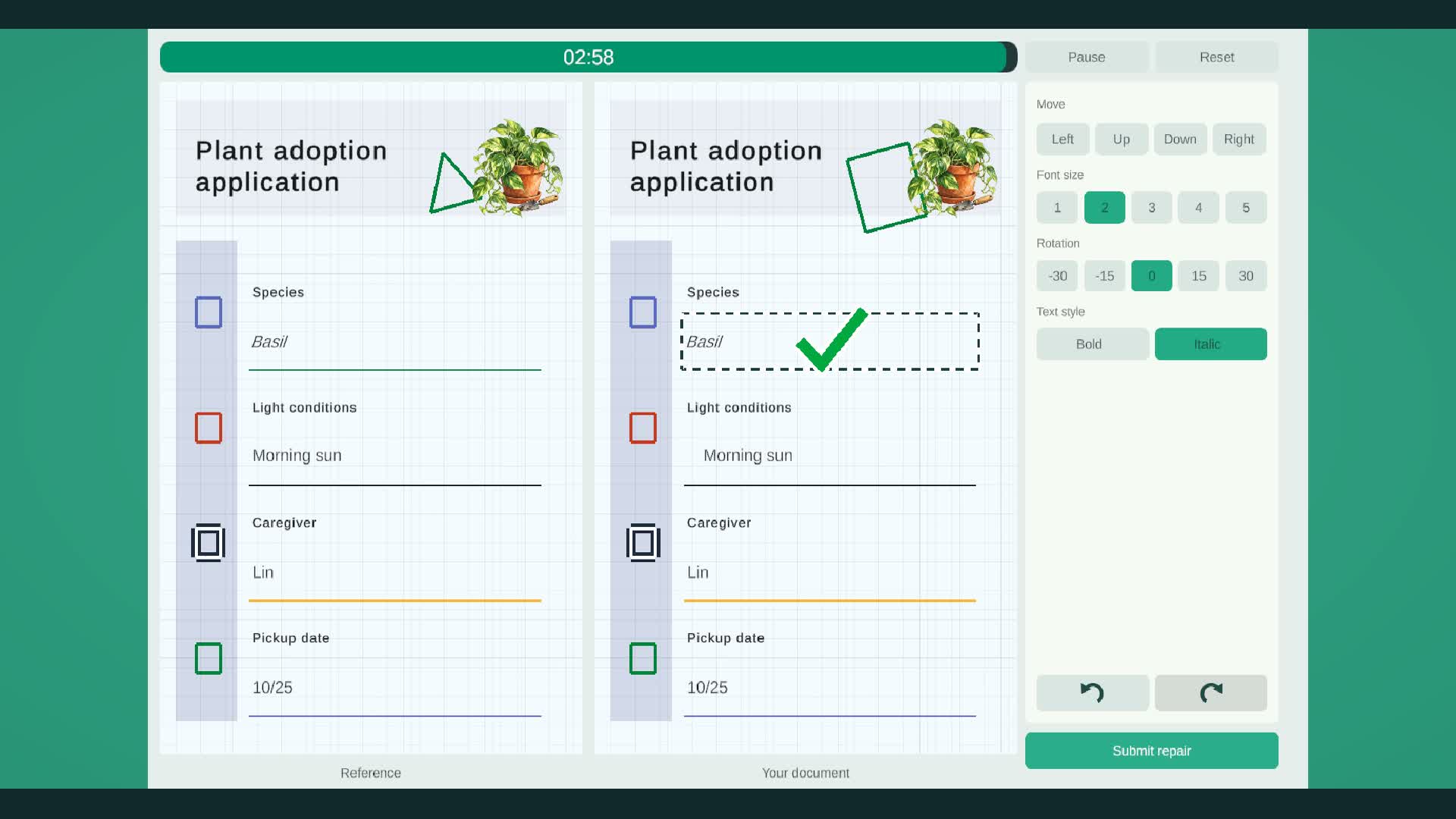 I Nailed This Document! gameplay image from a Unity Editor development build, showing document layout repair. Image courtesy of CUTKEY Studio.