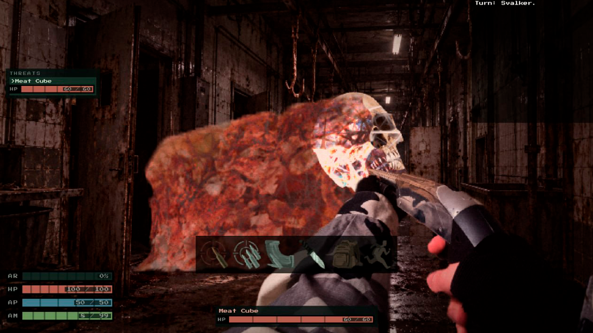 K.O.T.L.O.V.K.A. first-person gameplay facing a Meat Cube creature