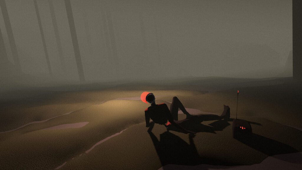 LAMINA BRUISE figure resting in a mist-shrouded alien landscape beside a red-lit device