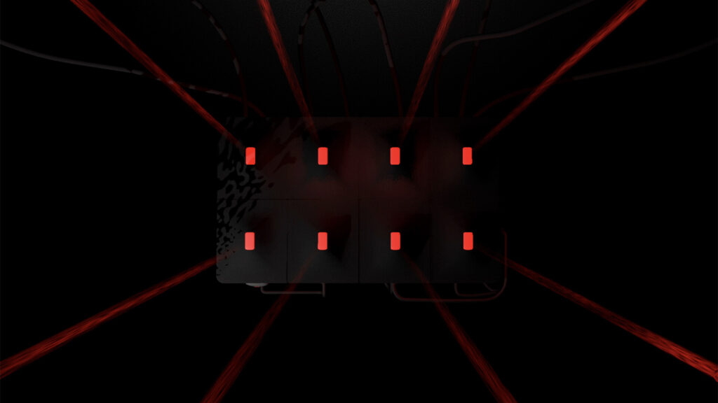 LAMINA BRUISE glowing red interactive nodes linked by cables in a dark setting