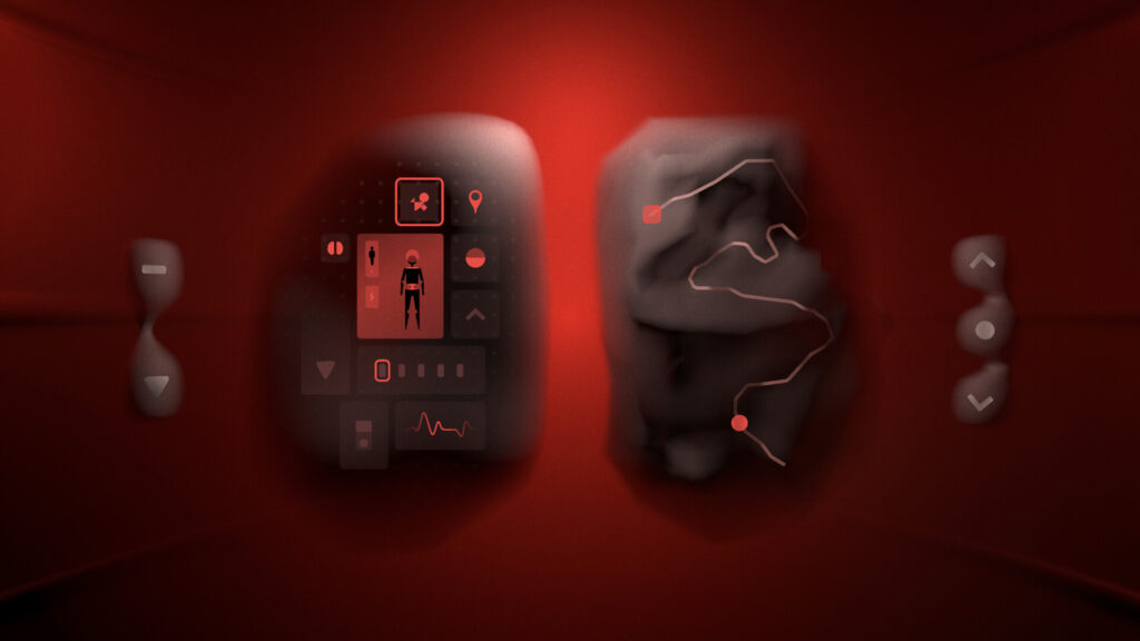 LAMINA BRUISE close-up red translucent futuristic interface with body icons and map