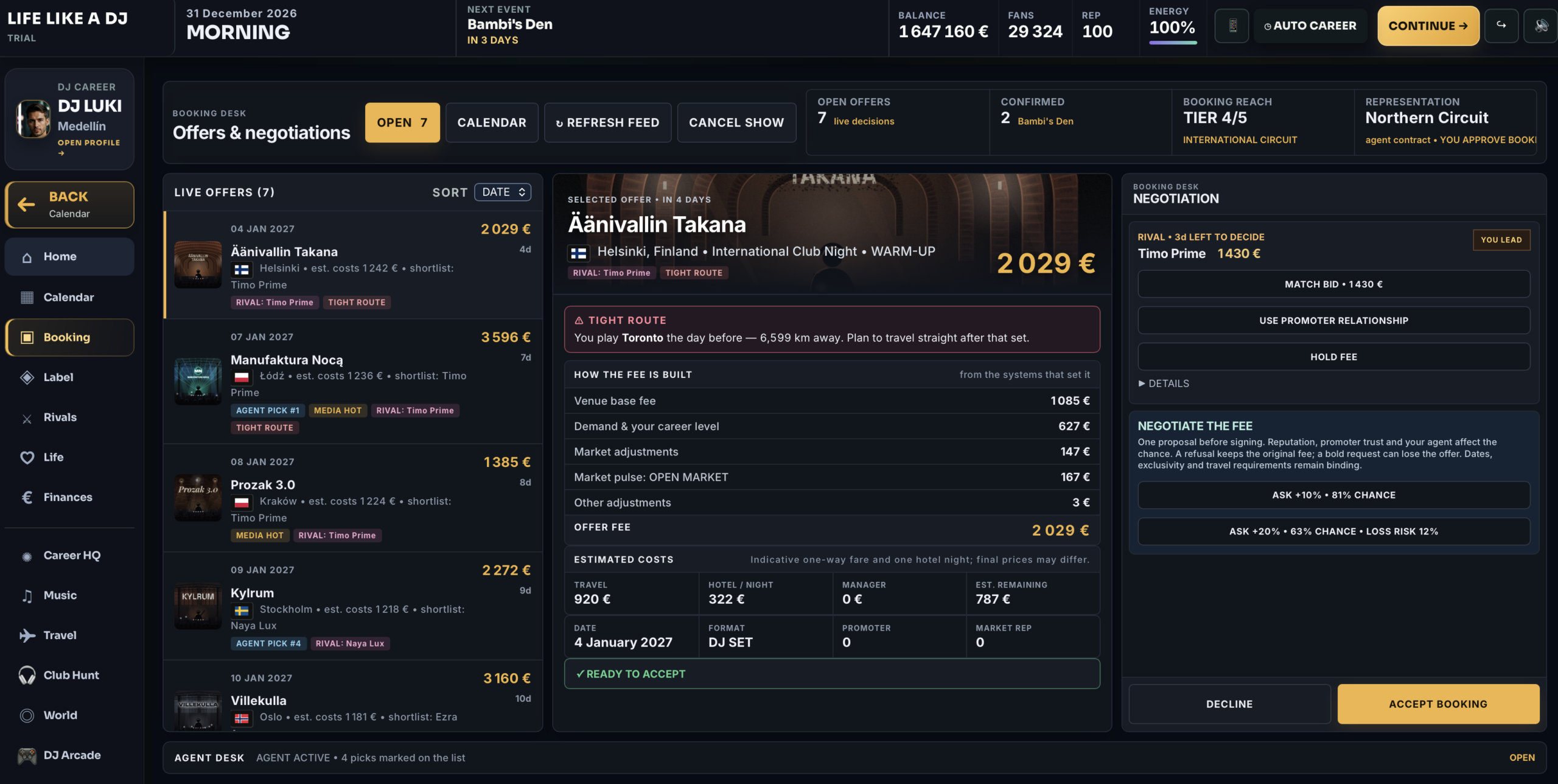Booking and performance opportunities in the LIFE LIKE A DJ career simulator
